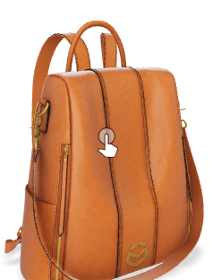 Brown leather backpack with a visible brand logo on a white background